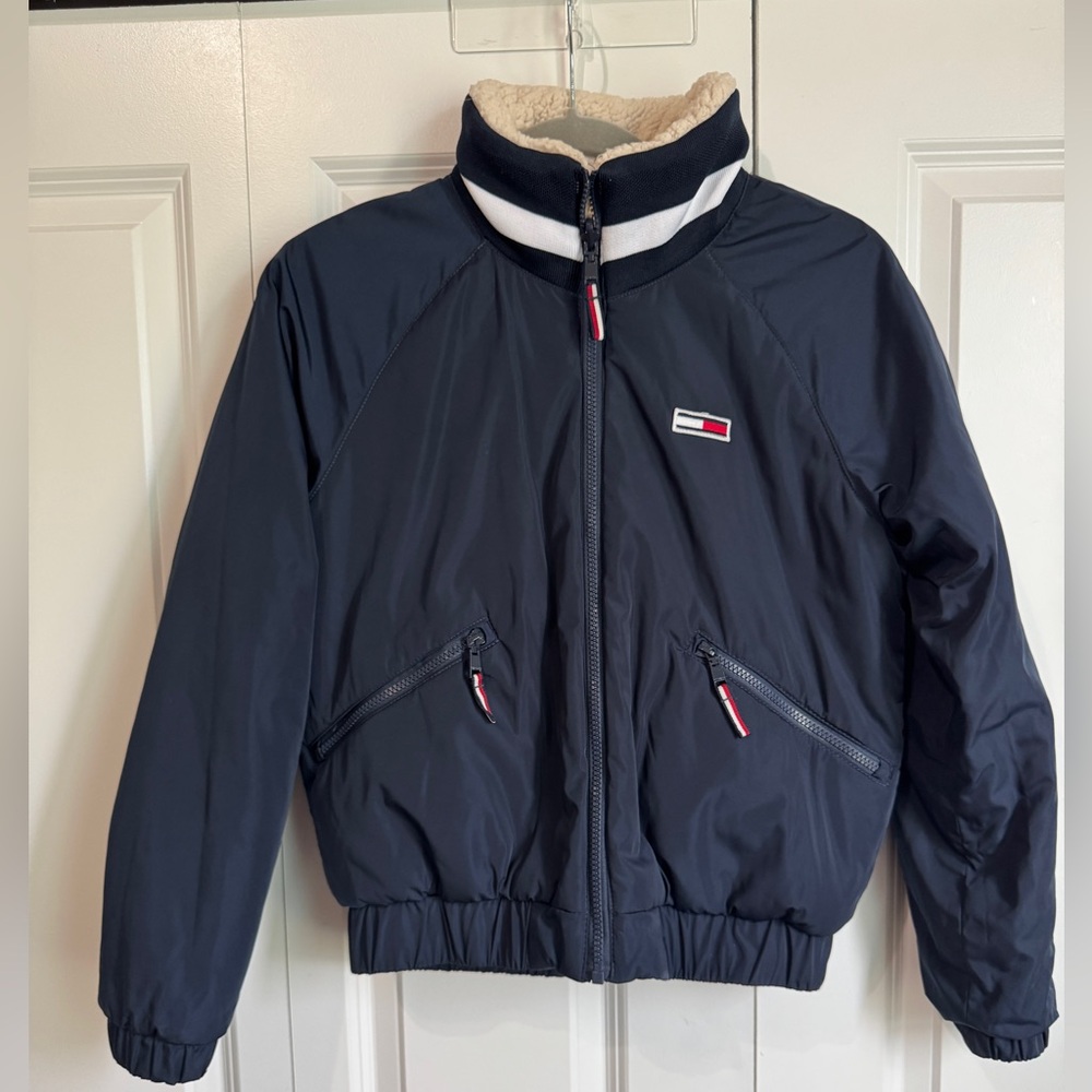 Tommy Jeans Reversible Sherpa Fleece Bomber Jacket Size XS Full Zip Pockets - Picture 2 of 9